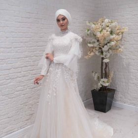 Tül Etekli Hakim Yaka Helen Tesettür Gelinlik