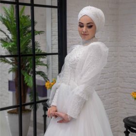 Uzun Kollu Dantel İşlemeli Prenses Model Tesettür Gelinlik